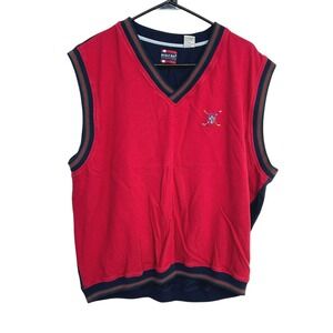Preppy Bugle Boy V-Neck Golf Sweater Vest Large Red Navy Crest Classic 90s